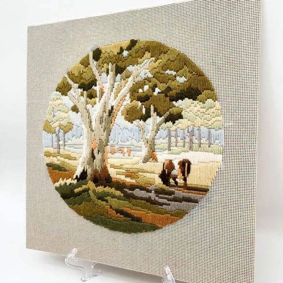 Vintage Long Stitch Embroidery Artwork Fiber Arts Square Handmade Home Decor - Picture 5 of 10